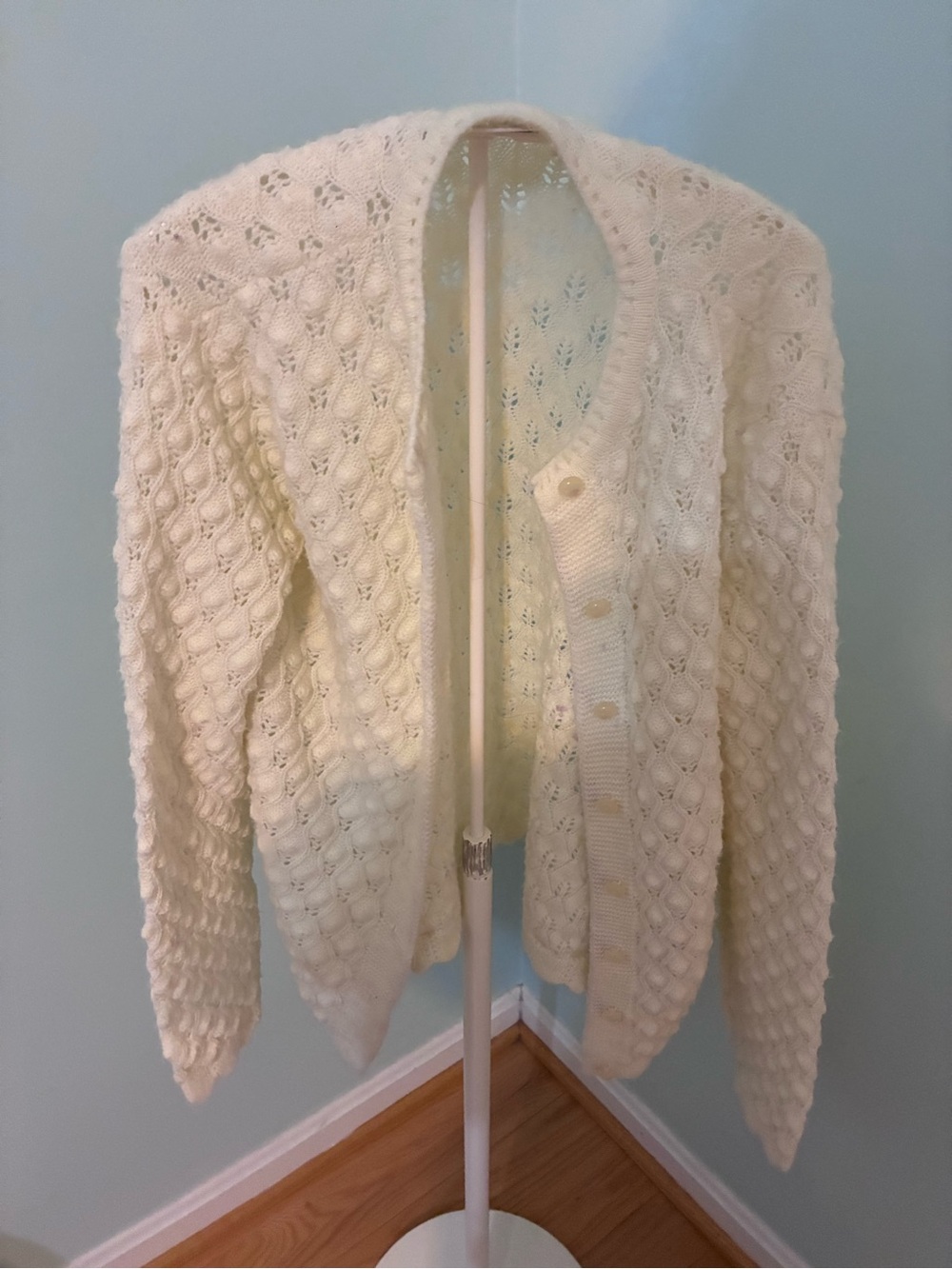 Women's Crochet Cream Button-Up Textured Cardigan Sweater Vintage